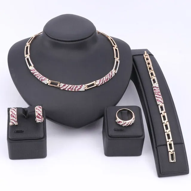 Cubic Zirconia and Crystal Enamel Necklace, Bracelet, Earrings & Ring Jewelry Set