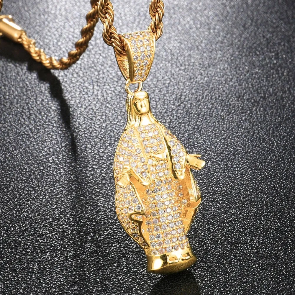 Cubic-Zirconia-Studded Gold-Plated Virgin Mary Bling Hip-hop Pendant Necklace