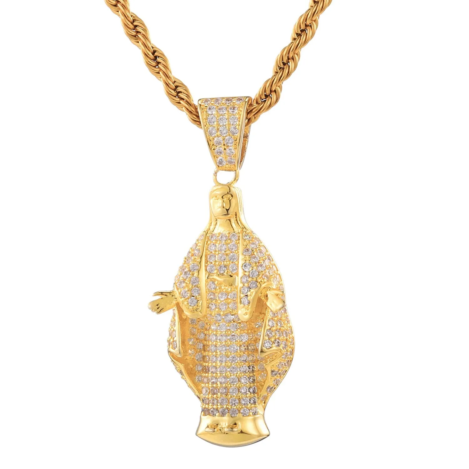 Cubic-Zirconia-Studded Gold-Plated Virgin Mary Bling Hip-hop Pendant Necklace