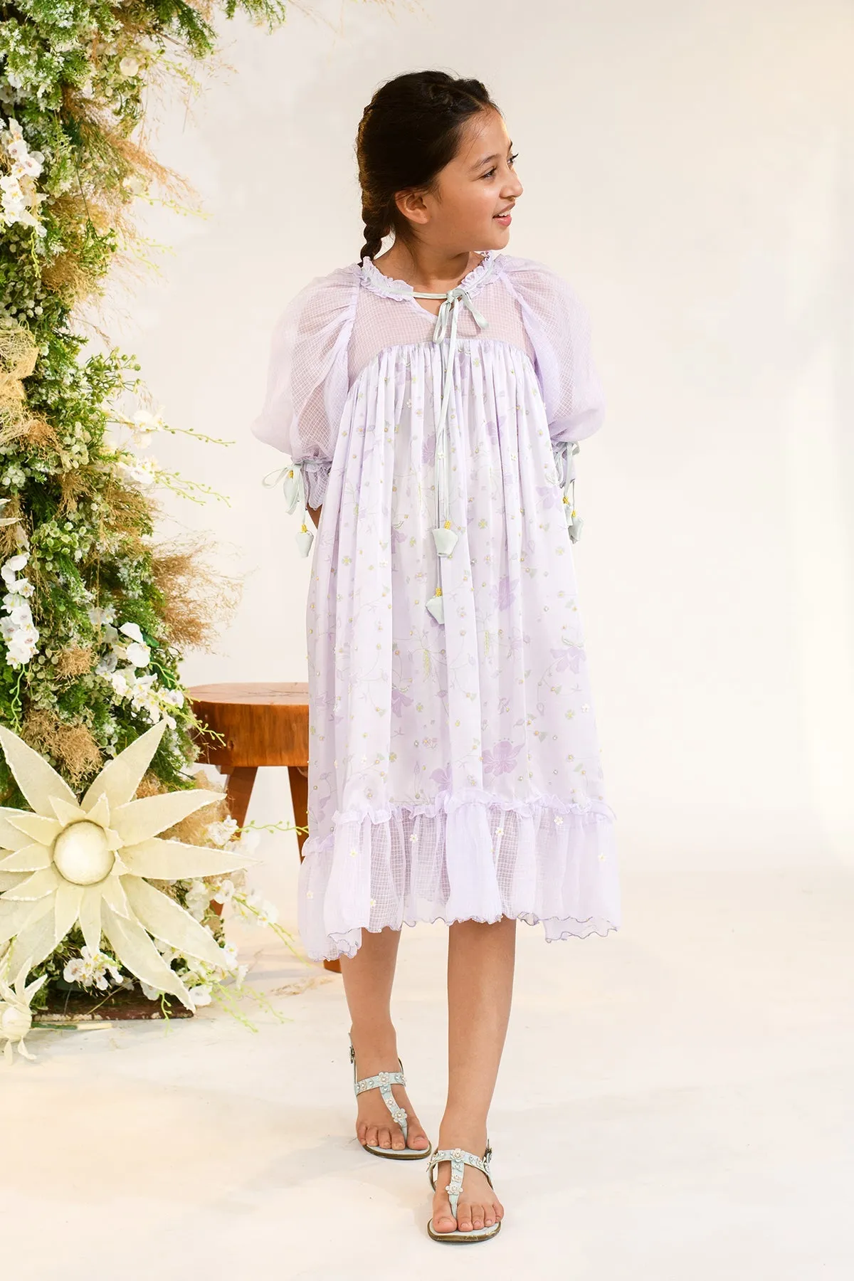 Curio Cabinet- Puff Self Tie Sleeves Dress For Girls