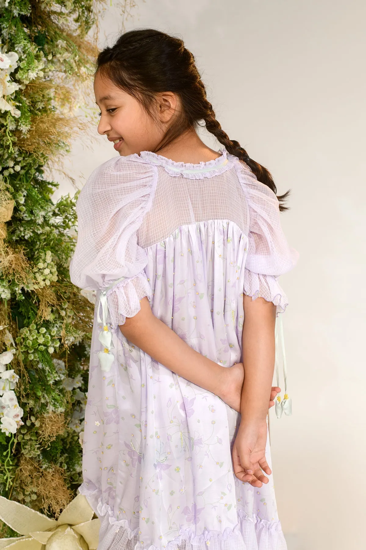 Curio Cabinet- Puff Self Tie Sleeves Dress For Girls