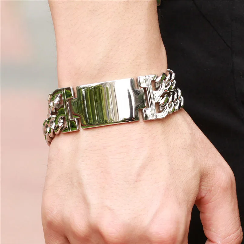 Custom Engrave Wide Wristband Stainless Steel Punk Fashion Chain Bracelet