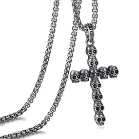 Dark Silver Cross of Skulls Pendant and Chain Necklace