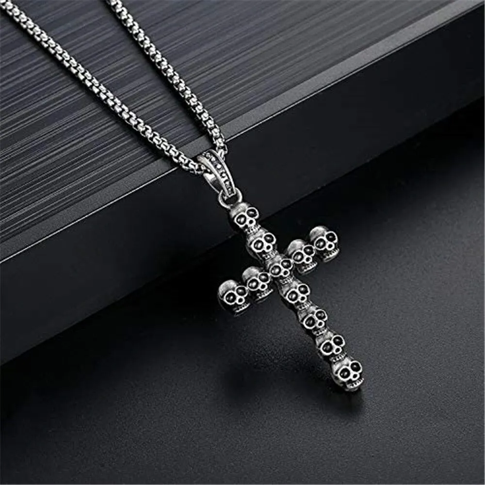 Dark Silver Cross of Skulls Pendant and Chain Necklace