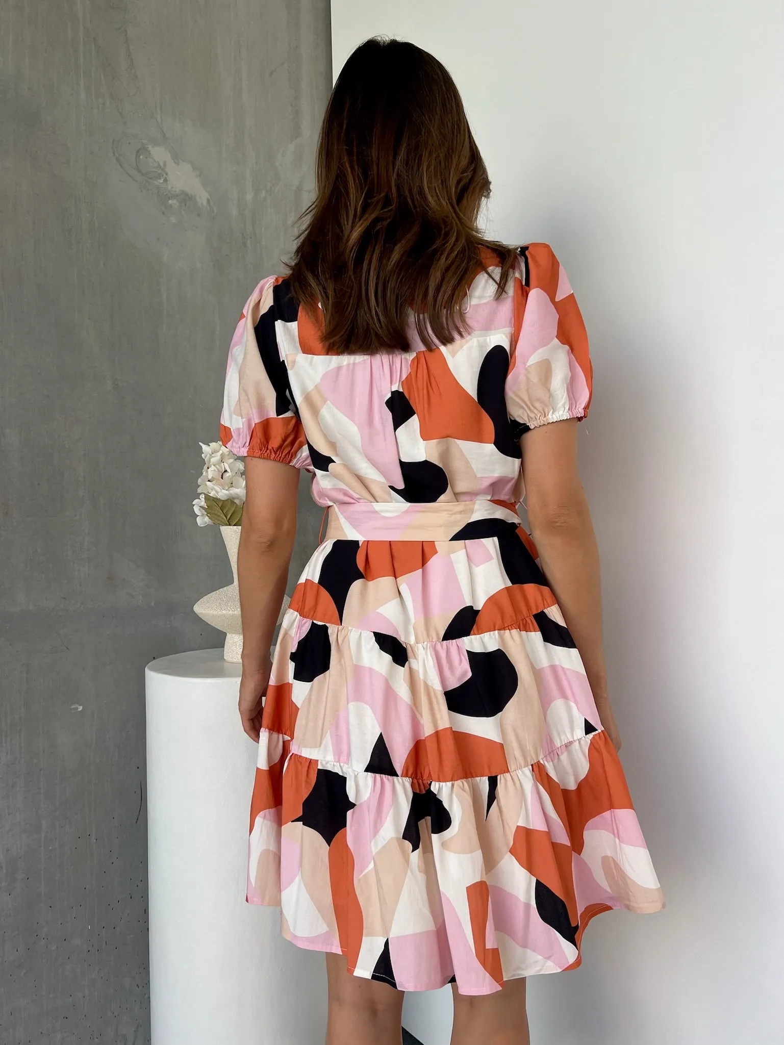 Donna Orange/Pink/Beige Abstract Frill Dress