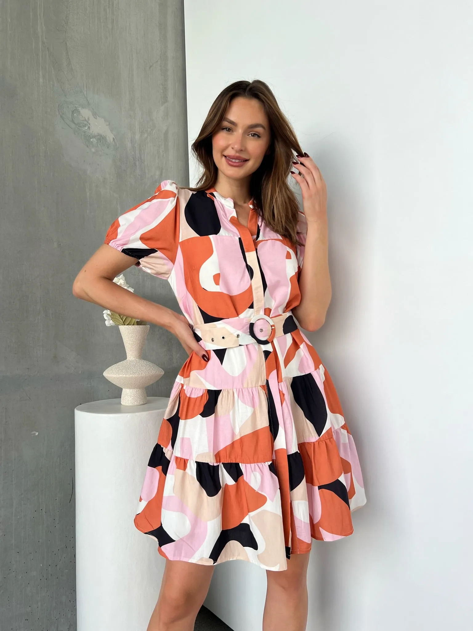 Donna Orange/Pink/Beige Abstract Frill Dress