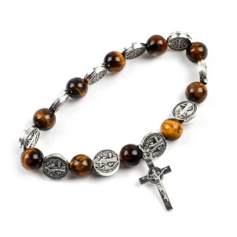 Elasticated Rosary Wood Catholic Saints Religion Bracelet