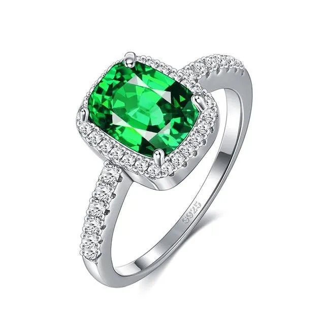 Emerald Gemstone and Cubic Zirconia 925 Sterling Silver Wedding Ring