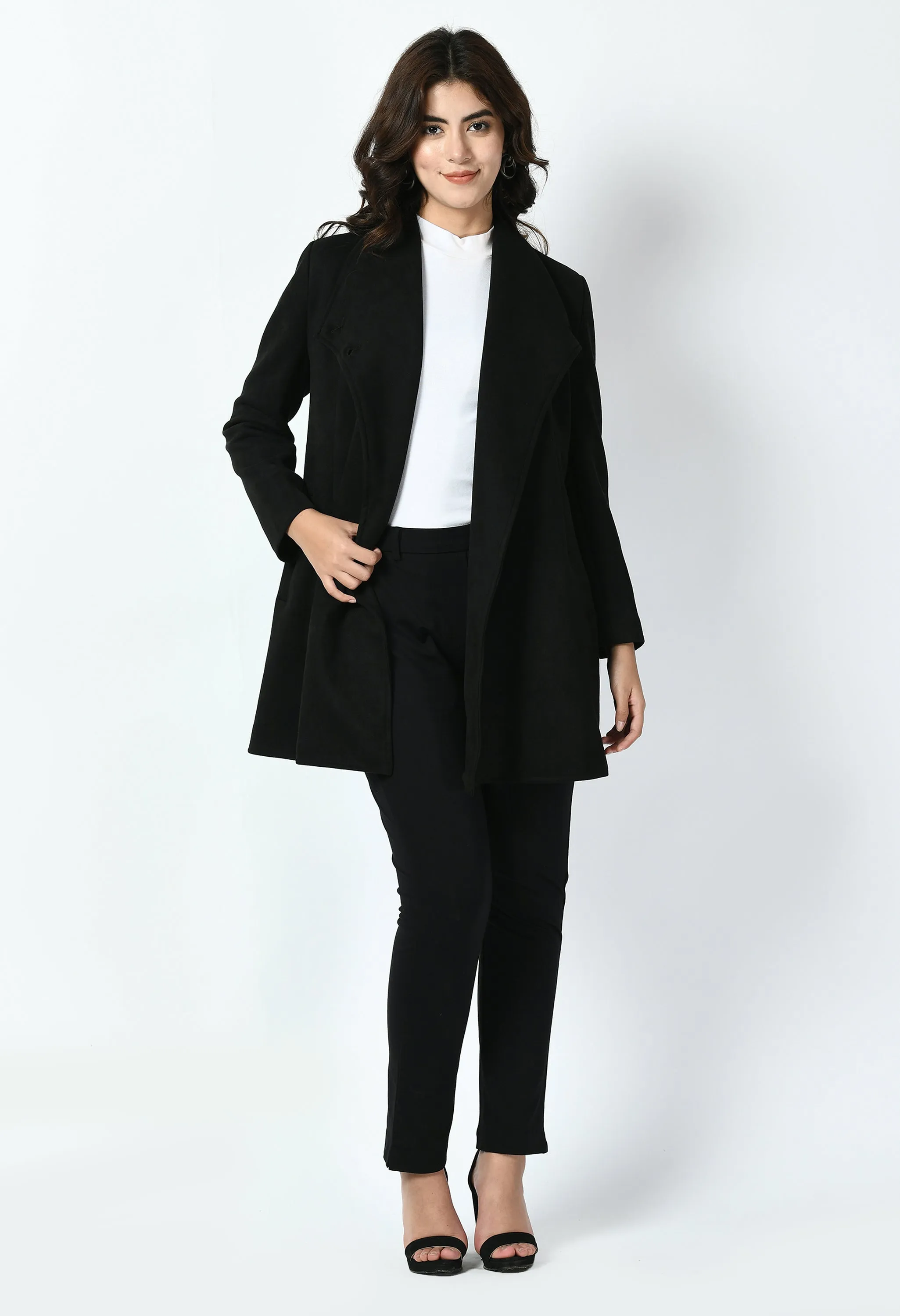 Exude Spark Suede Leather Medium Wrap Coat (Black)