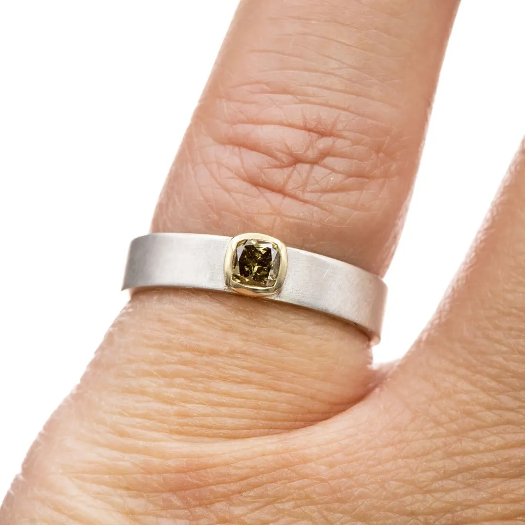 Fancy Cushion yellow-brown Diamond Sterling Silver & 14k Yellow Gold Ring, Ready to Ship