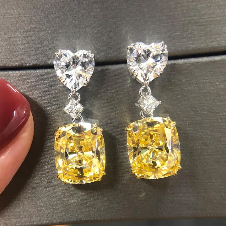 Fancy Yellow Cushion Cut Drop Earrings