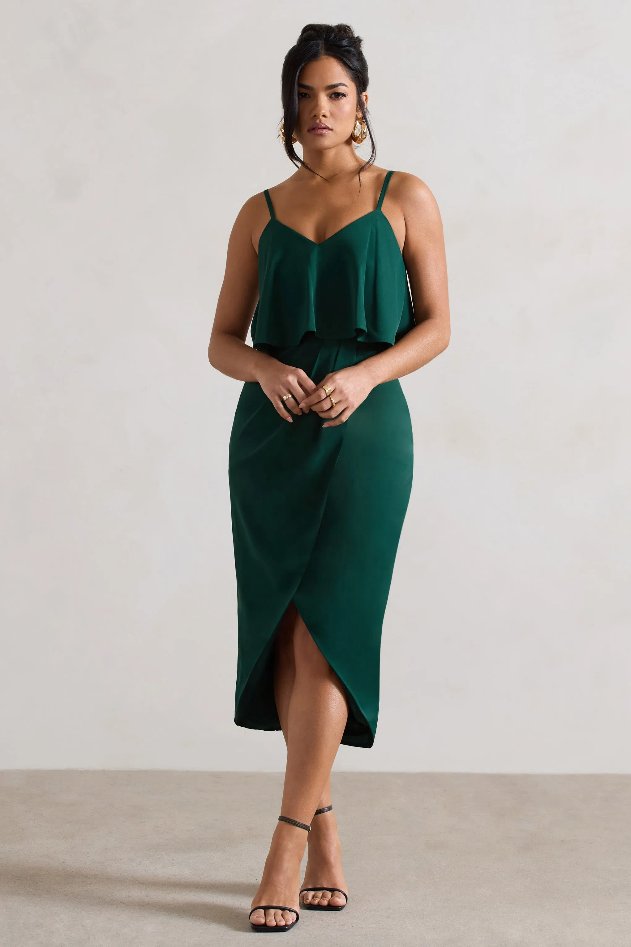 Faro | Bottle Green Strappy Draped-Neck Wrap Midi Dress