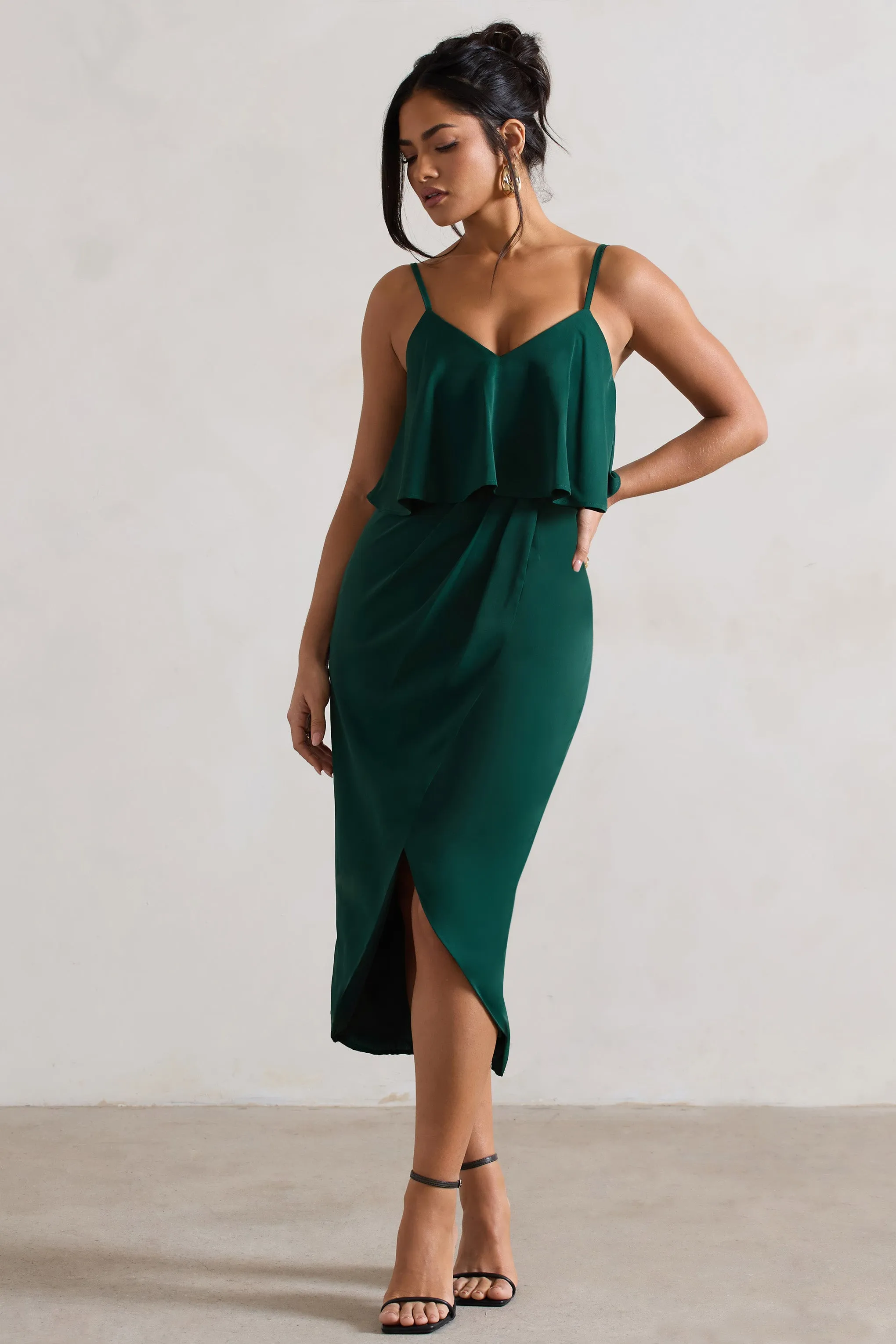 Faro | Bottle Green Strappy Draped-Neck Wrap Midi Dress