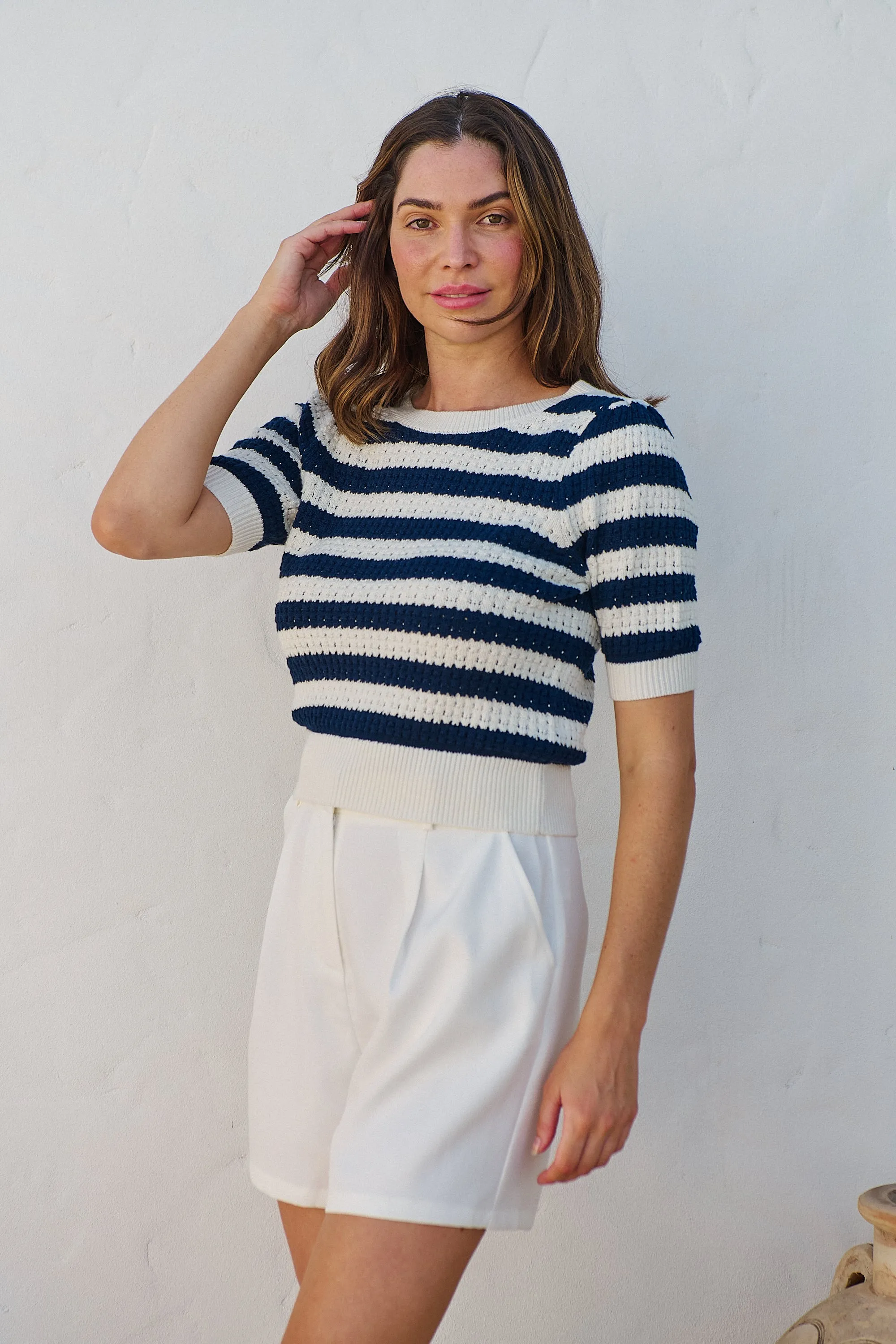 Fiona Navy/White Crop Knit Stripe Jumper