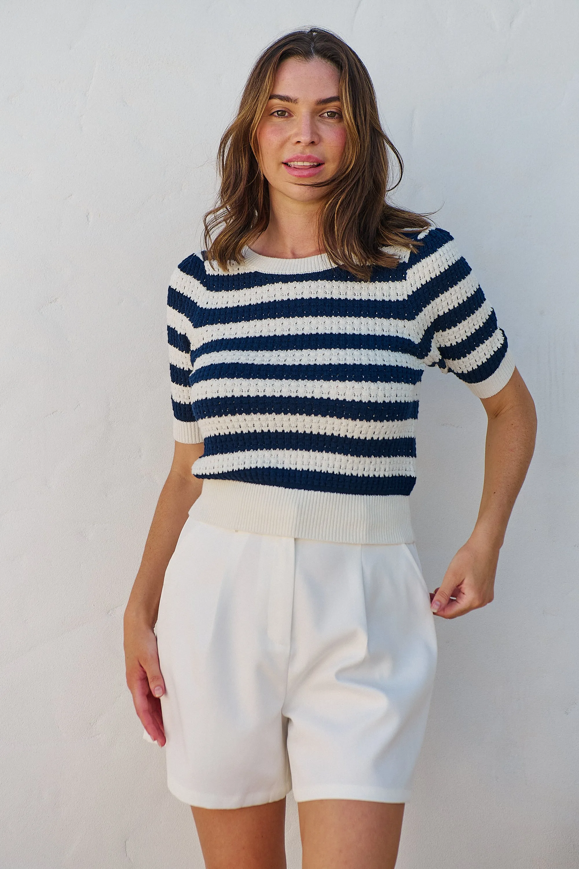 Fiona Navy/White Crop Knit Stripe Jumper