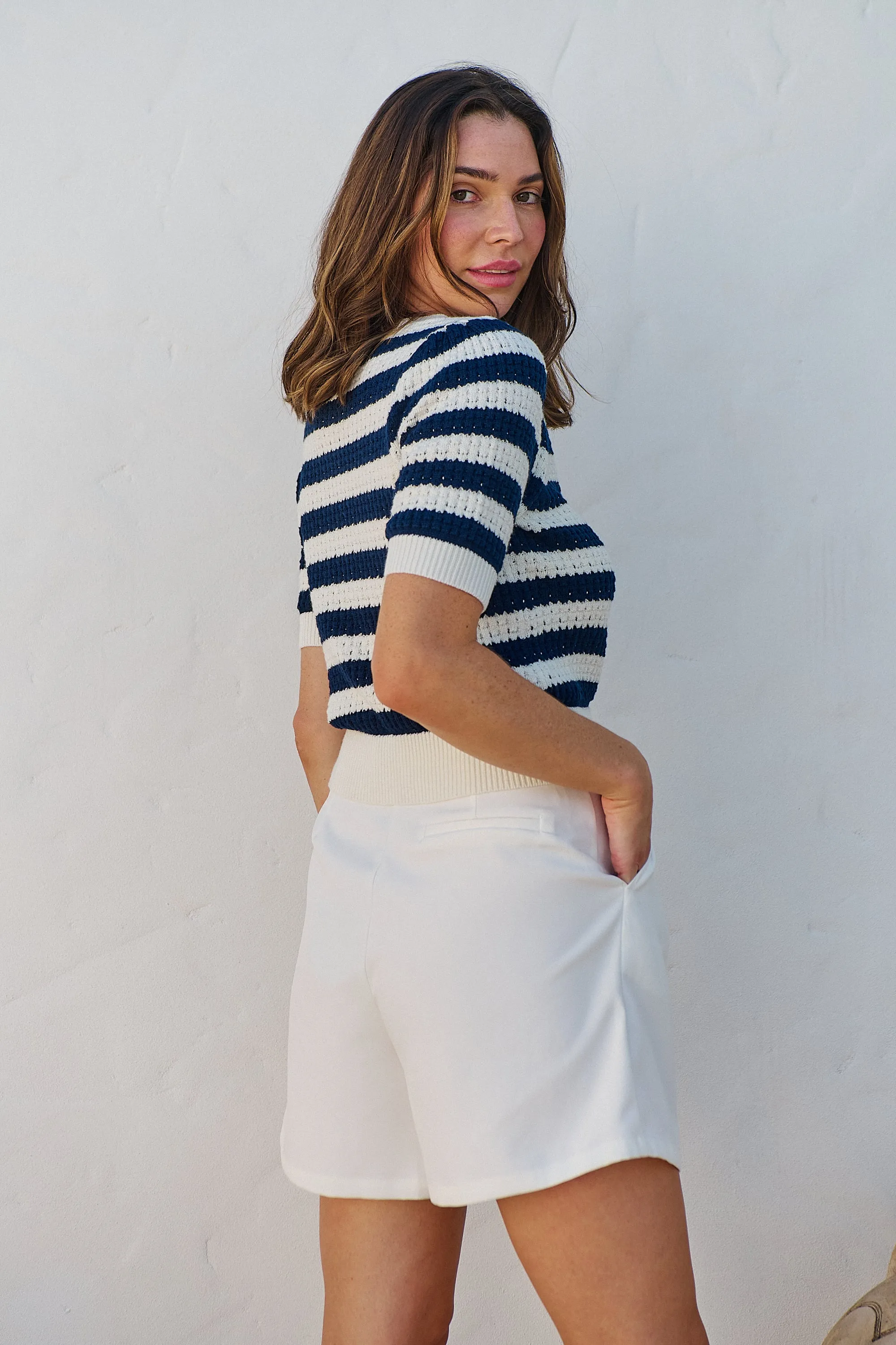 Fiona Navy/White Crop Knit Stripe Jumper