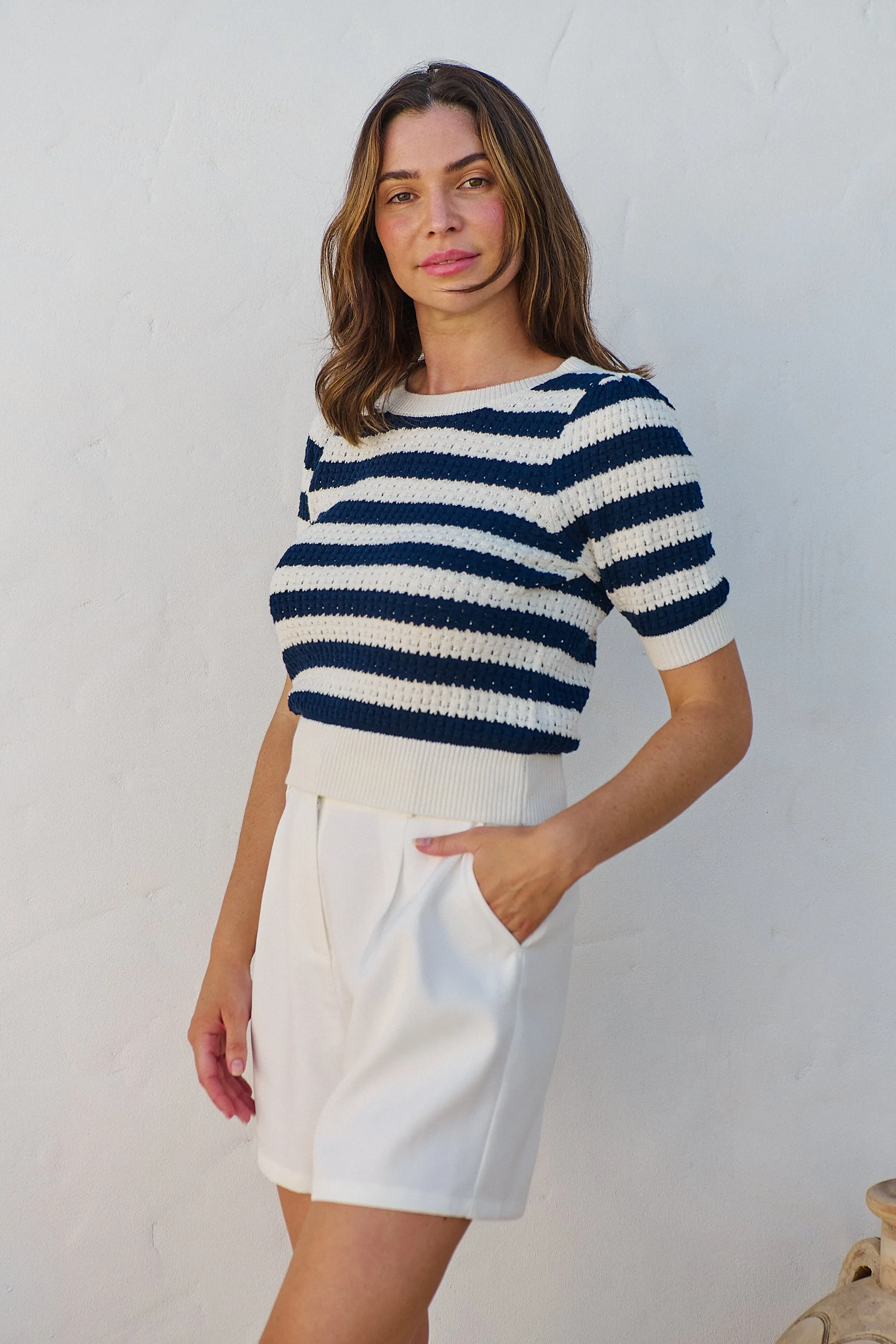 Fiona Navy/White Crop Knit Stripe Jumper