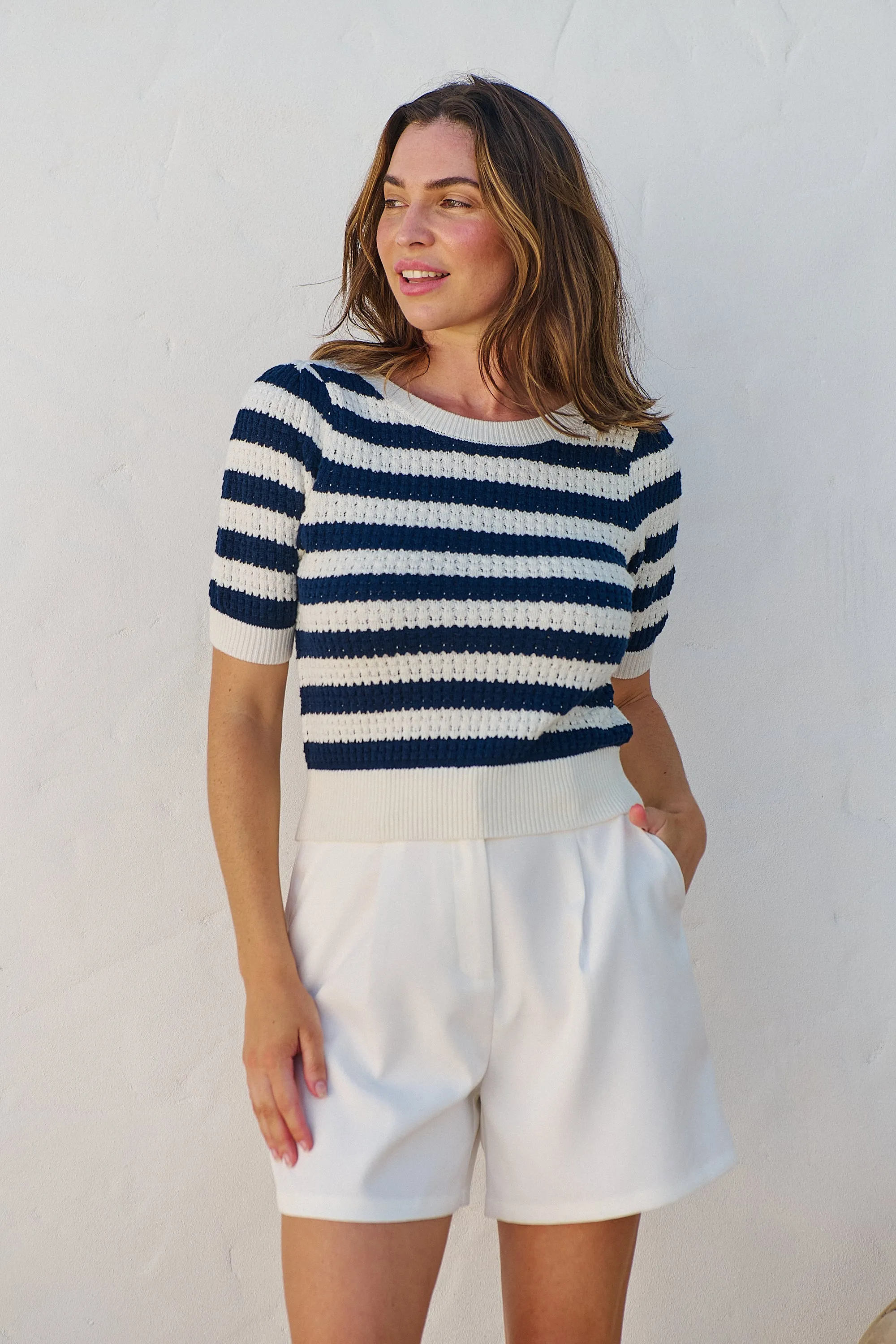 Fiona Navy/White Crop Knit Stripe Jumper