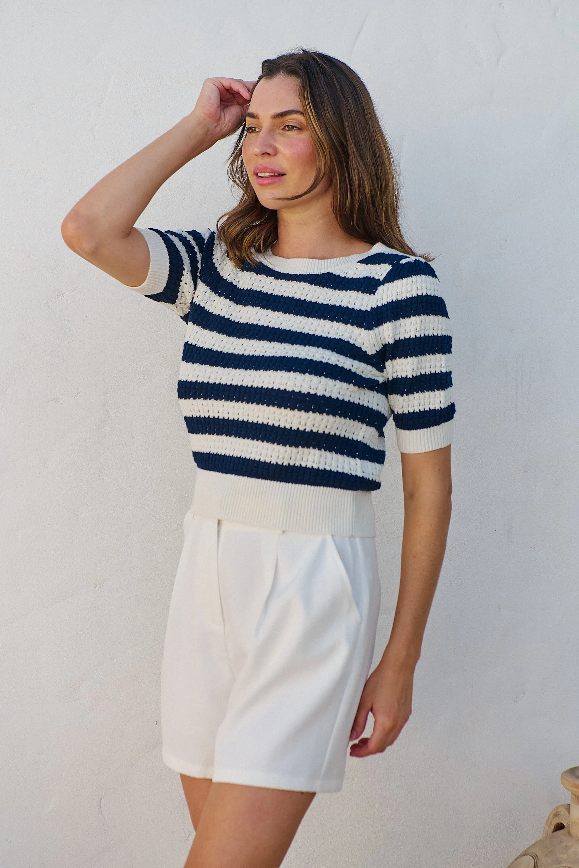 Fiona Navy/White Crop Knit Stripe Jumper