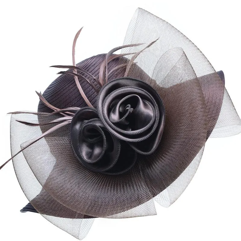 Floppy Wide Brim Floral Satin Sun Hat with Feathers