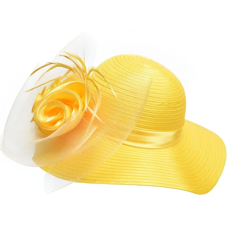 Floppy Wide Brim Floral Satin Sun Hat with Feathers