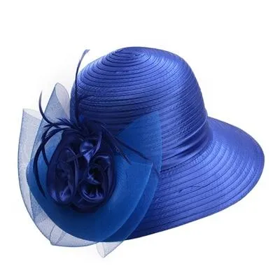 Floppy Wide Brim Floral Satin Sun Hat with Feathers