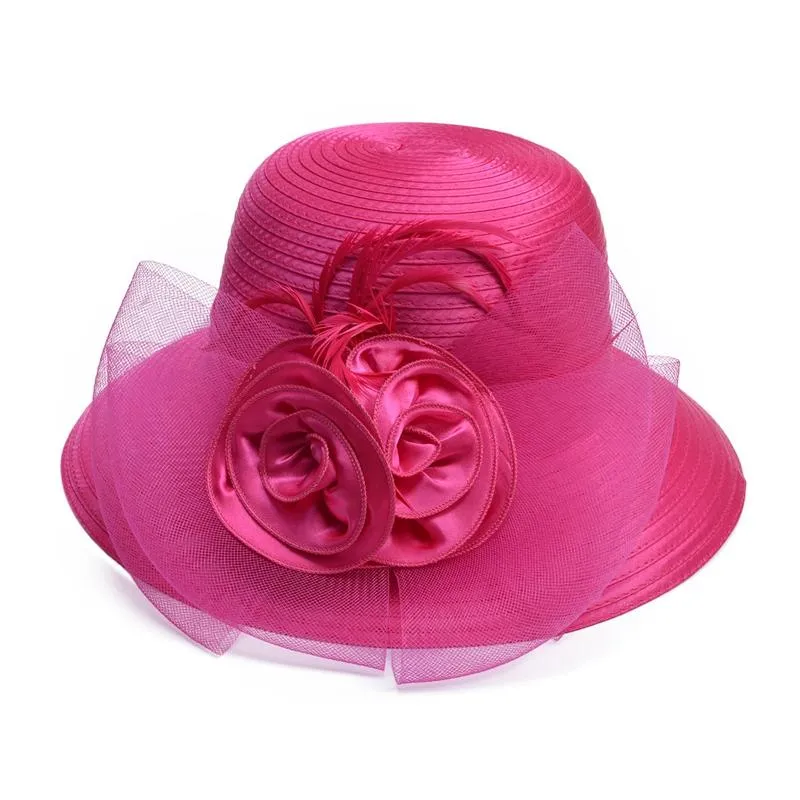 Floppy Wide Brim Floral Satin Sun Hat with Feathers