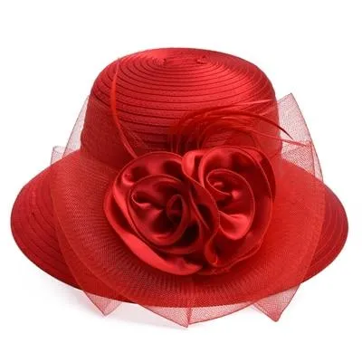 Floppy Wide Brim Floral Satin Sun Hat with Feathers