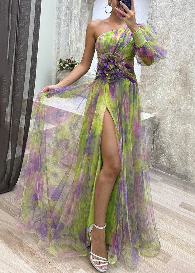 Floral Green Asymmetrical Side Open Tulle Dress Long Sleeve WW1034