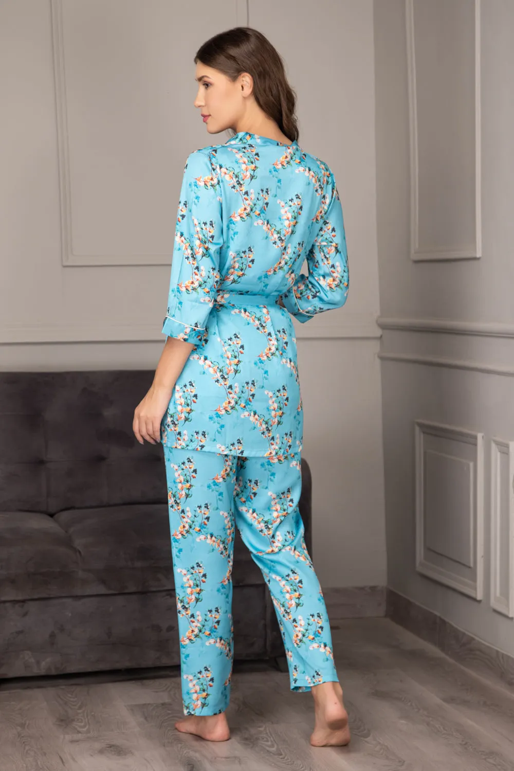 Floral Satin Night suit with Robe