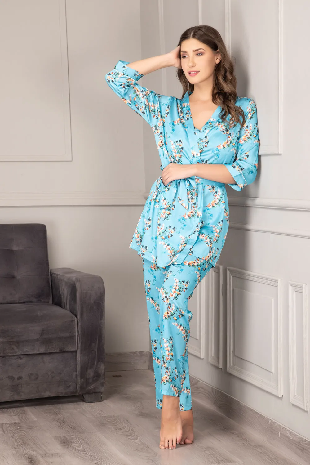 Floral Satin Night suit with Robe