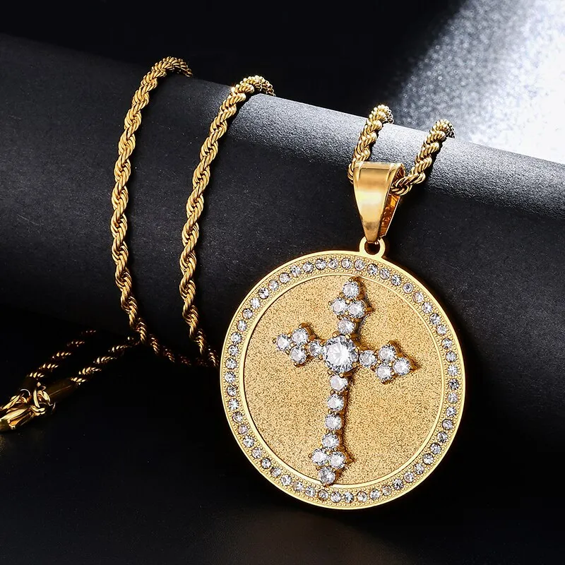 Gemstone-Studded Cross Round Bling Stainless Steel Hip-hop Pendant Necklace