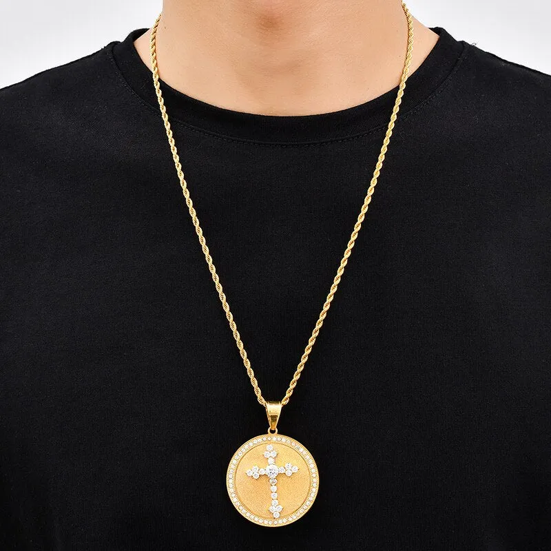 Gemstone-Studded Cross Round Bling Stainless Steel Hip-hop Pendant Necklace