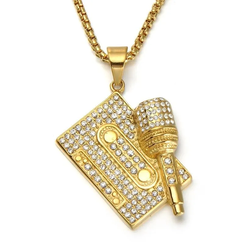 Gemstone-Studded Microphone Tape Bling Stainless Steel Hip-hop Pendant Necklace