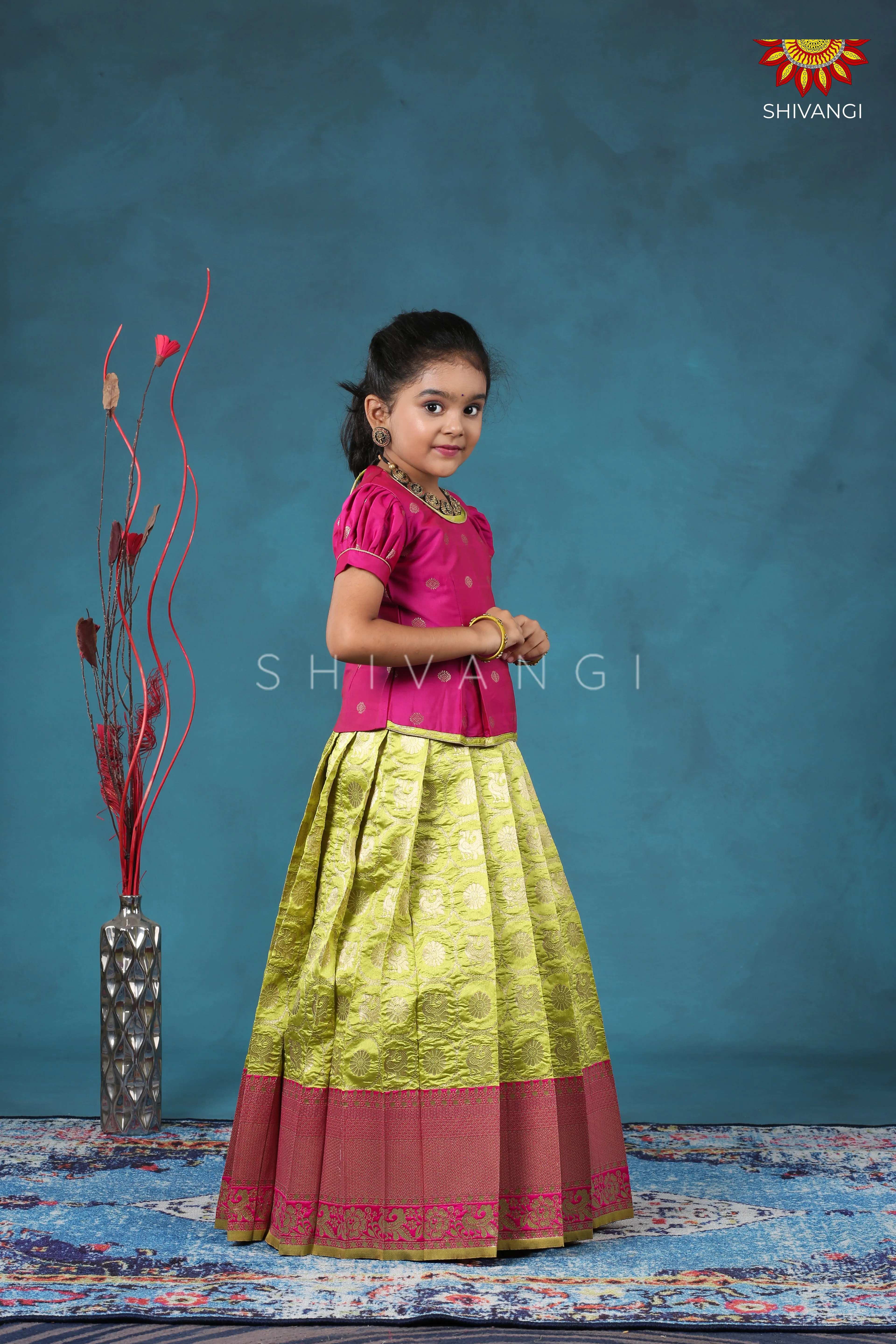 Girls Green Peacock Circle Pattu Pavadai Designs