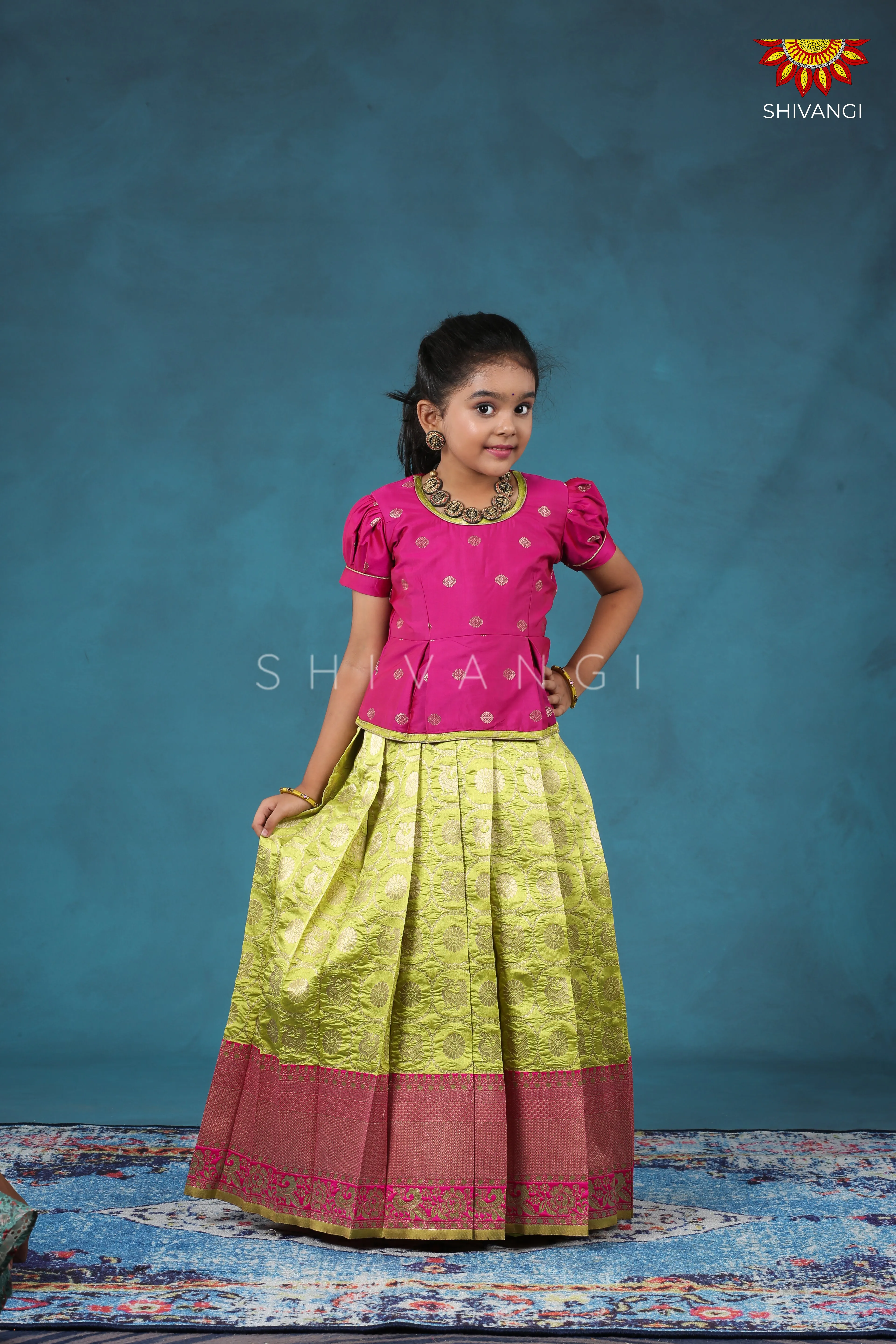 Girls Green Peacock Circle Pattu Pavadai Designs