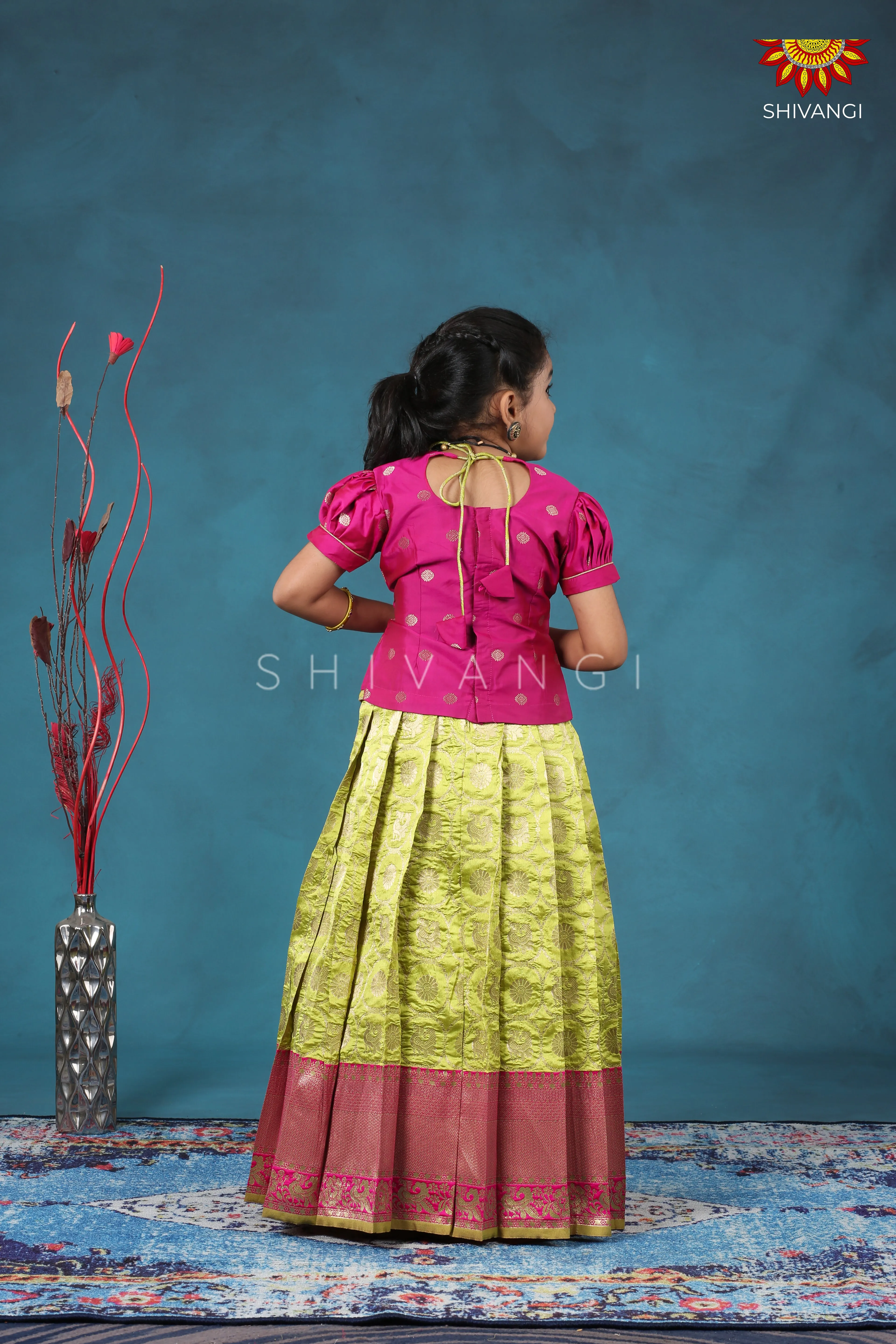 Girls Green Peacock Circle Pattu Pavadai Designs