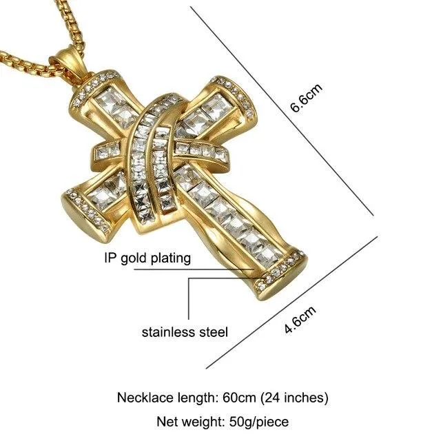 Gold & Silver Plated Hip Hop Stainless Steel Cross Pendant with Cubic Zirconia Necklace