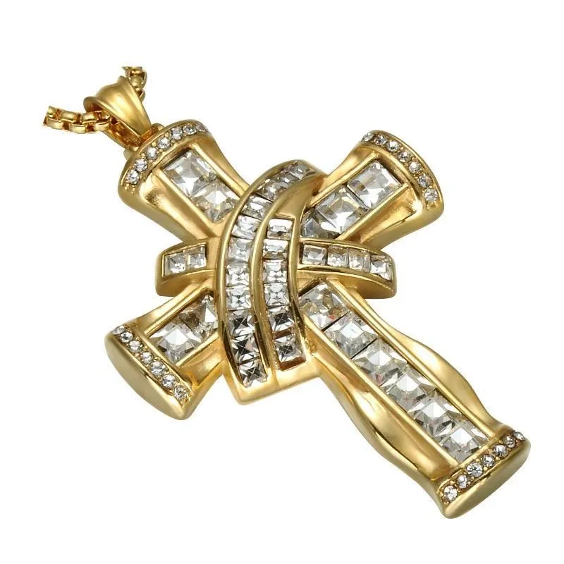 Gold & Silver Plated Hip Hop Stainless Steel Cross Pendant with Cubic Zirconia Necklace