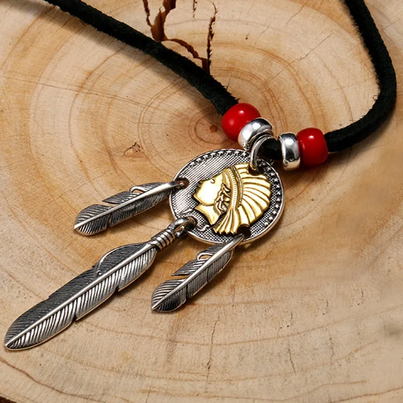 Golden Indian Chief Feather 925 Sterling Silver Vintage Punk Pendant