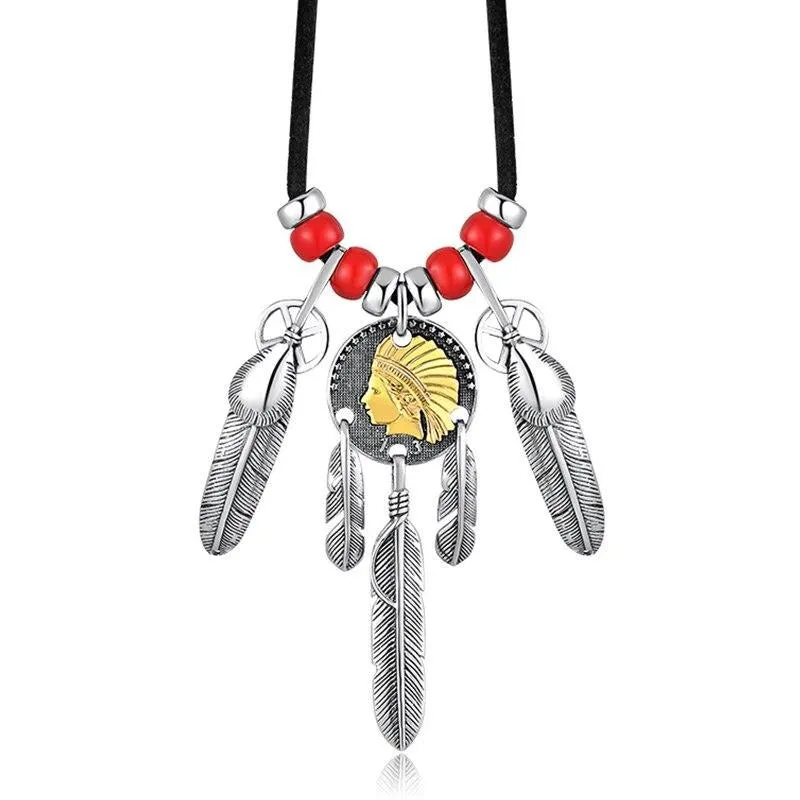 Golden Indian Chief Feather 925 Sterling Silver Vintage Punk Pendant