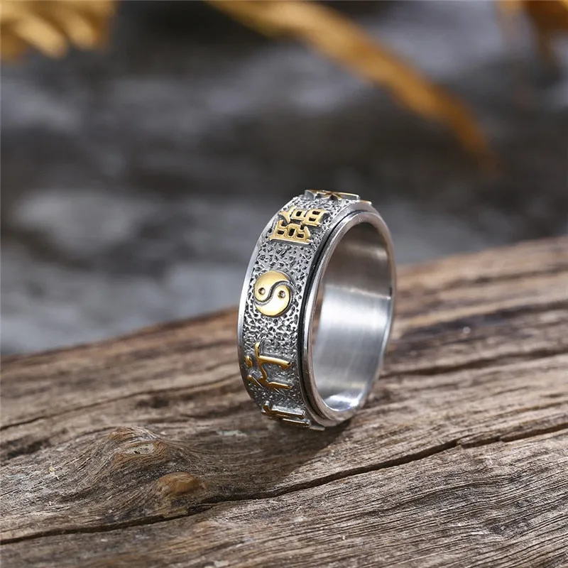 Good Luck Ring with Chinese Element Taoist Ring Stainless Steel Rotatable Punk Ring