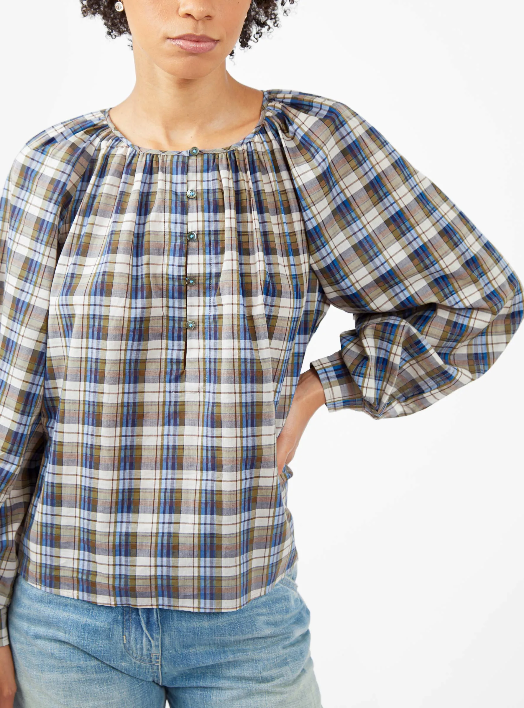 Haiti Blouse Blue & Beige Check