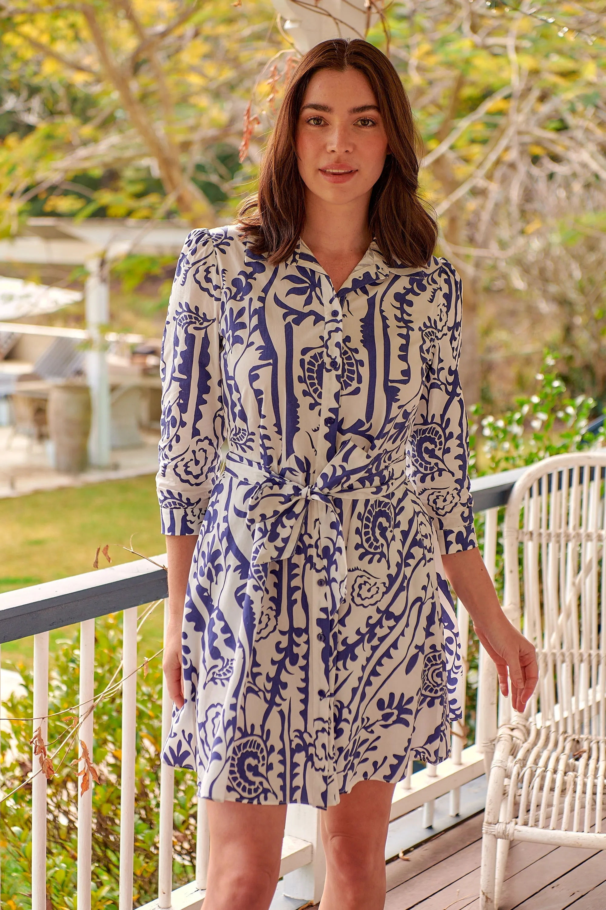 Heather Long Sleeve White/Blue Print Button Collar Dress