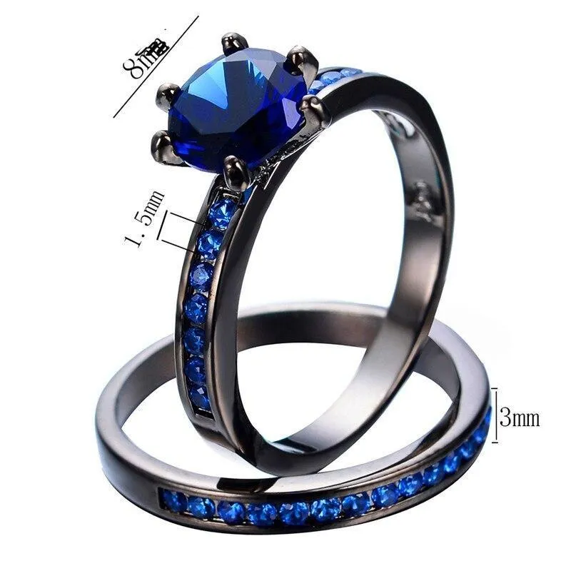 Jewelry Women's Lab Stone Blue Cubic Zirconia Black Gold Plated Ring Promise Engagement Wedding Womens Ring Set Size 6-10