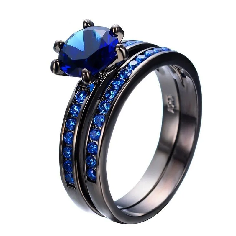 Jewelry Women's Lab Stone Blue Cubic Zirconia Black Gold Plated Ring Promise Engagement Wedding Womens Ring Set Size 6-10