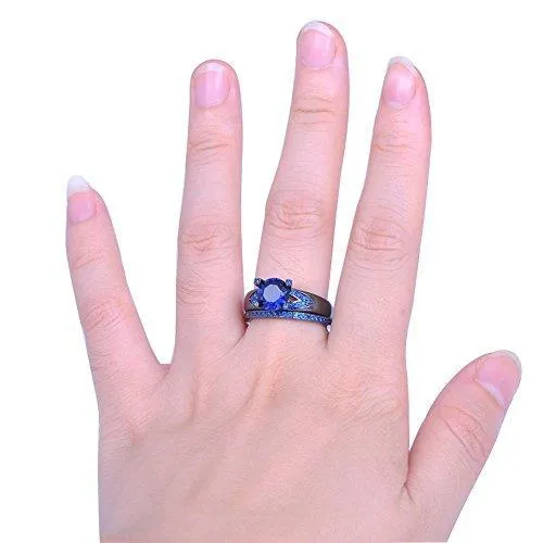 Jewelry Women's Lab Stone Blue Cubic Zirconia Black Gold Plated Ring Promise Engagement Wedding Womens Ring Set Size 6-10