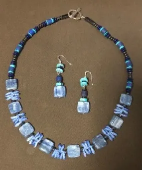 Kyanite turquoise hematite necklace earring set