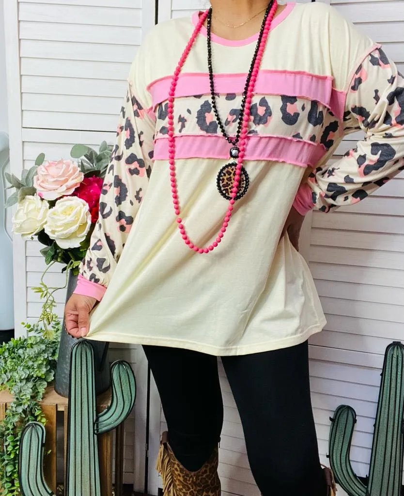 L, 2X : Cream Leopard long sleeve top with pink stripes