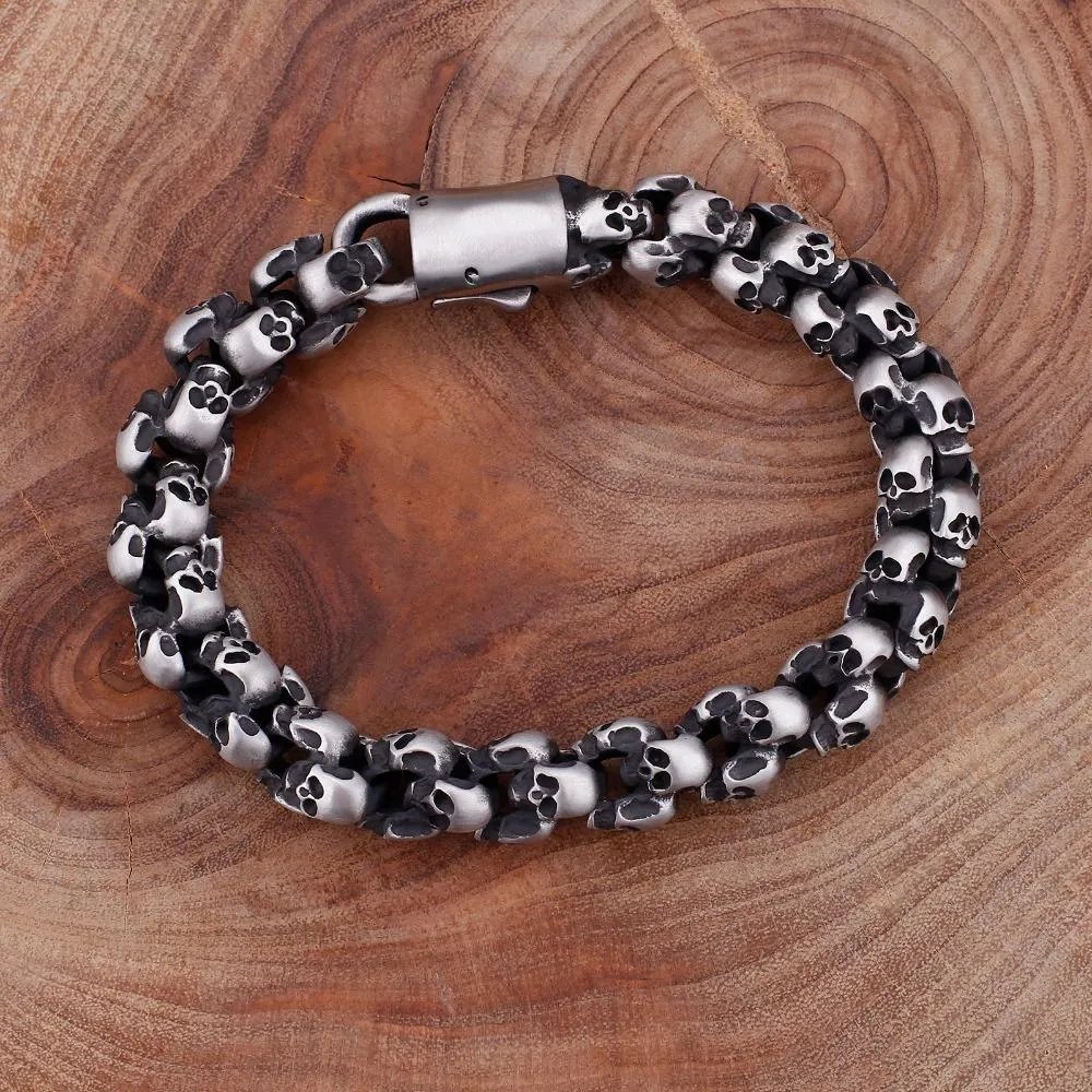 Large Men’s Stainless Steel Gothic Skull Charm Bracelet